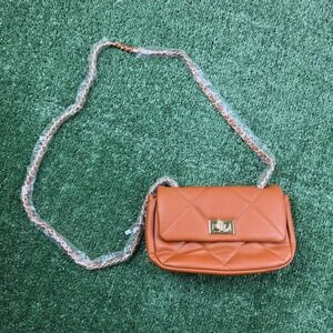 NWT PS Quilted Cognac Brown Crossbody Bag Gold Chain Strap Turn Lock Small Purse